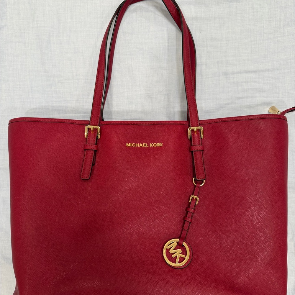 Michael Kors Cherry Red Saffiano Leather Tote with Gold Hardware